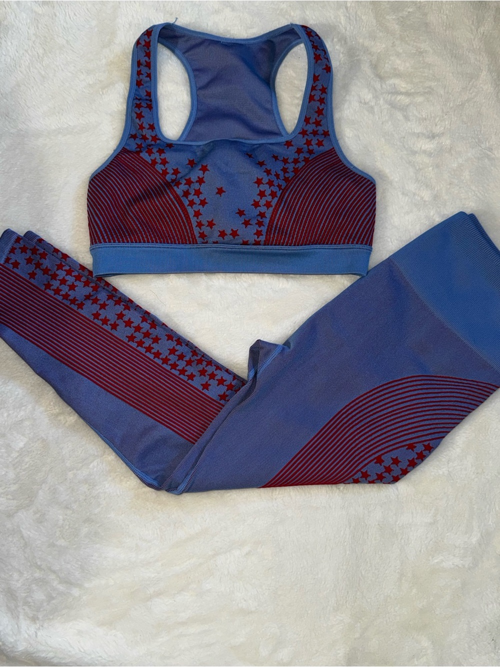 Fabletics Blue & Red Star-Accent Seamless Legging and Sports Bra Set